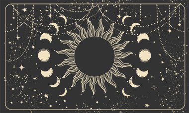 Siyah arka planda ay tutulması olan mistik bir pankart. Güneş ışığı ve ay evreleri, astroloji için boho arka plan, tarot. İlahi vektör illüstrasyonu.