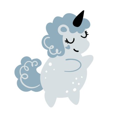 Cute blue baby unicorn, vector character isolated on white background. Illustration for baby shower, invitation, birthday. Magic animal, print for card, t-shirt.