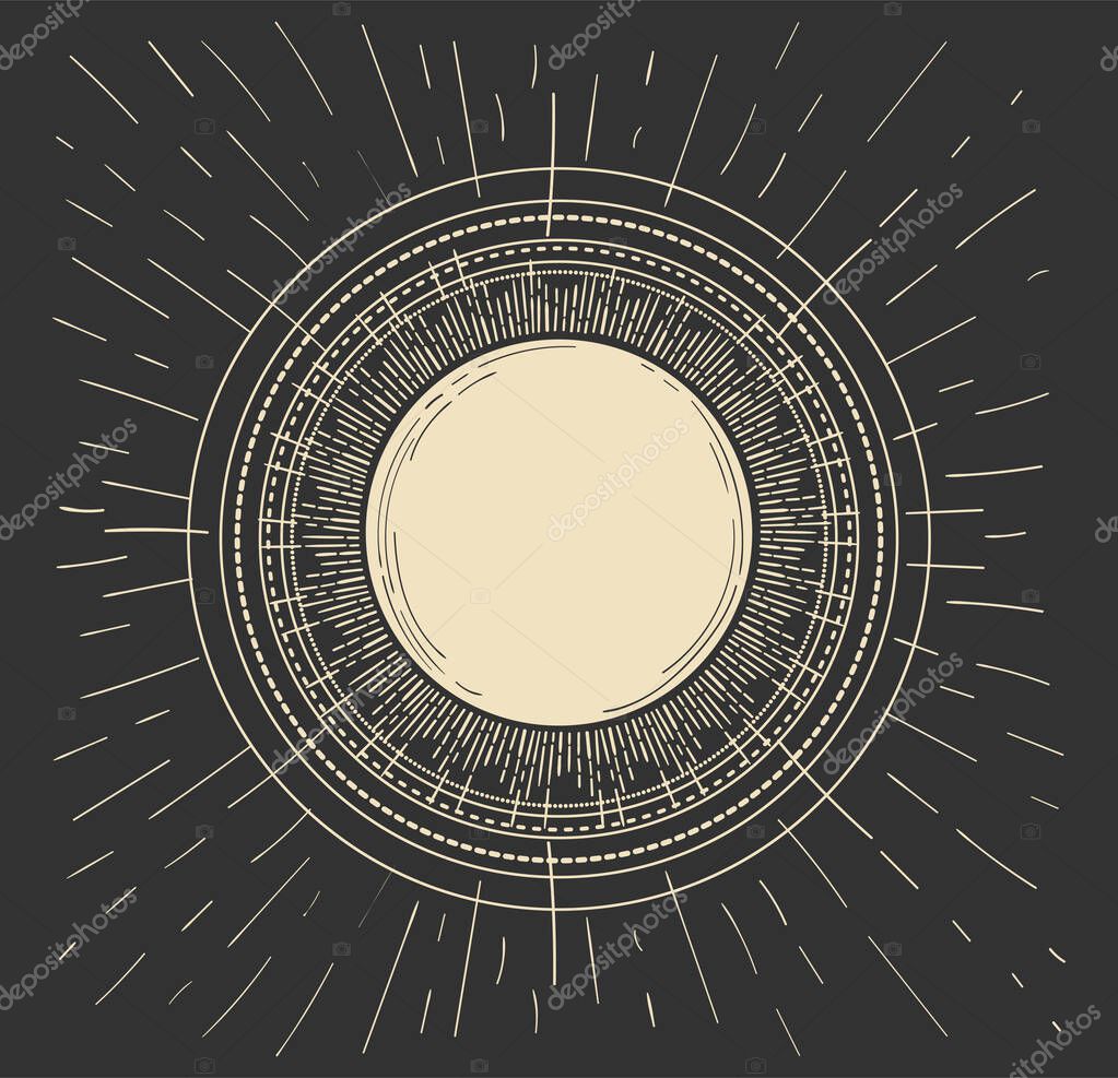 Golden sun or moon in vintage style on black night background, engraving stylization, vector hand illustration. Card for astrology, tarot, horoscope