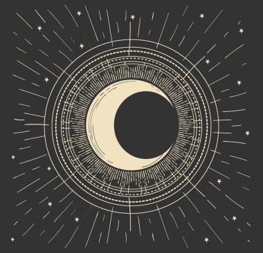 Mystical boho card with shining golden crescent moon on the night sky, vintage design. Vector lineart illustration, poster on a black background.