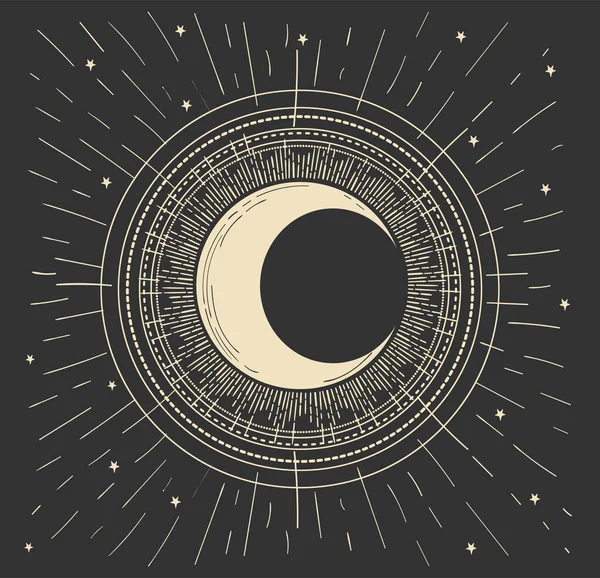 Tarjeta mística boho con luna creciente dorada brillante en el cielo nocturno, diseño vintage. Ilustración lineal vectorial, póster sobre fondo negro. — Archivo Imágenes Vectoriales