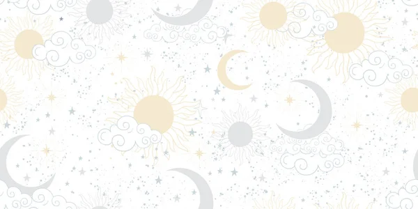 Patrón celeste suave sin costuras con sol y luna azul, ornamento vectorial sobre un fondo blanco para la astrología, tarot, tela, papel de envolver. Hermoso espacio adornado fondo. — Archivo Imágenes Vectoriales