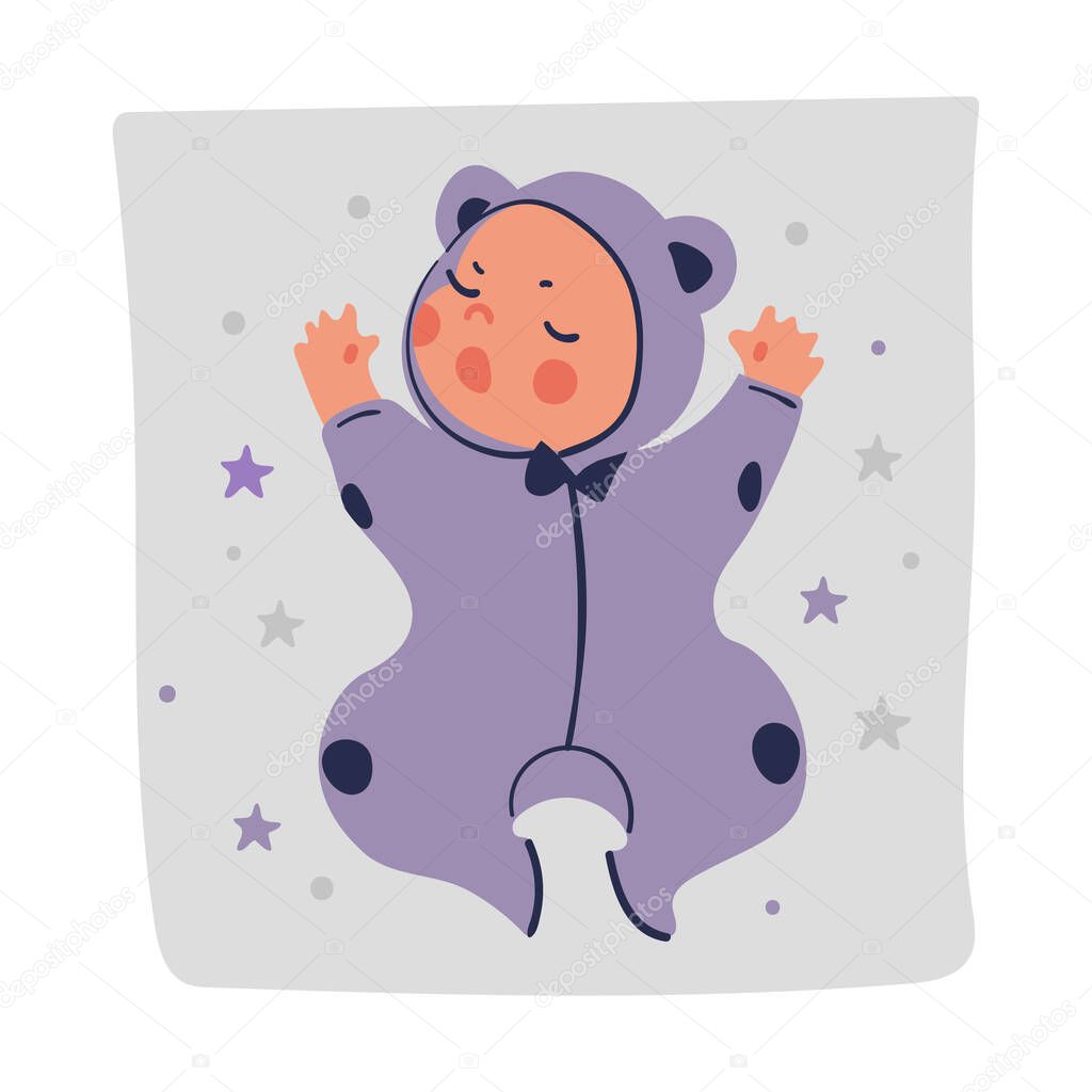 Cute icon with a sleeping baby in pajamas. Flat cartoon character of newborn baby for postcard, invitation. This is a boy. Vector illustration isolated on white background