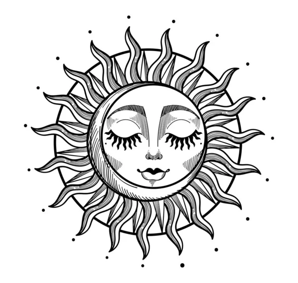 Bohemian illustration, stylized vintage design, sun and moon with face and closed eyes, engraving. Mystical design element for tarot, astrology, witches. Vector illustration isolated on white — Stock Vector