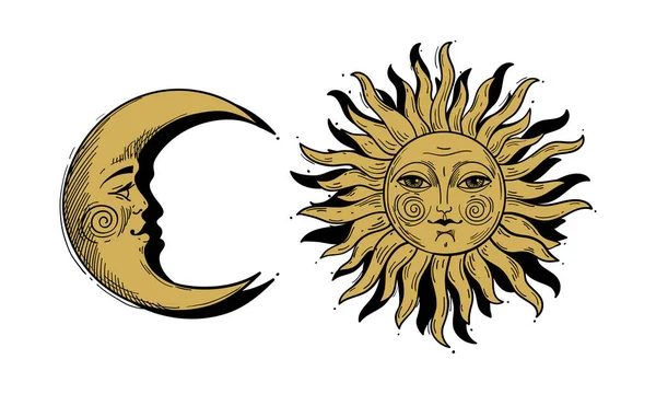 Český měsíc a slunce, soubor mystických symbolů pro astrology, tetování čarodějnic, esoterické designové prvky. Vektorové ilustrace izolované na bílém pozadí. — Stockový vektor