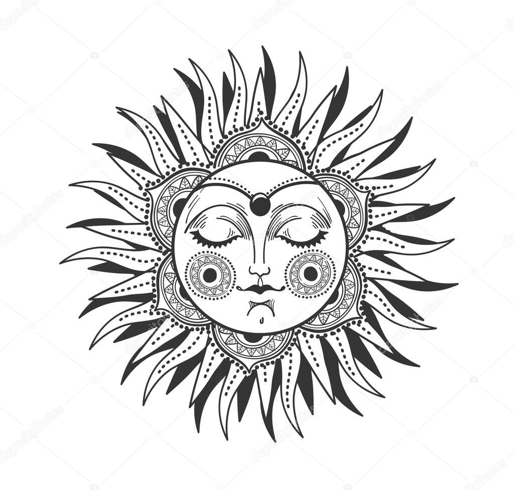 Bohemian Sun with face and rays, mystical line drawing for astrology, tarot icon, witch tattoo. Vector symbol, illustration isolated on white background
