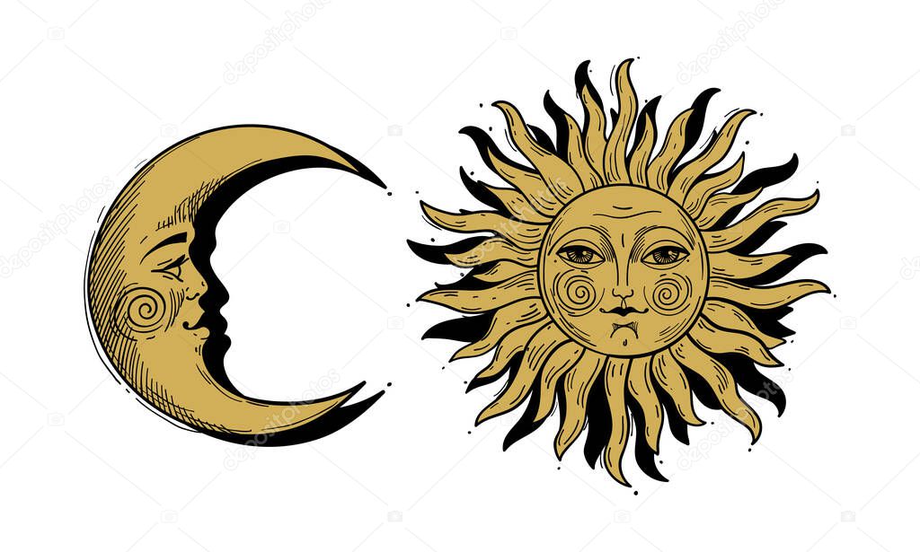 Bohemian moon and sun, set of mystical symbols for astrologers, witch tattoo, esoteric design elements. Vector illustration isolated on white background