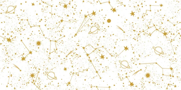 Padrão sem costura mágico com constelações douradas e estrelas em um fundo branco. fundo boho esotérico místico para design de tecido, tarô, astrologia, papel de embrulho. Ilustração vetorial. — Vetor de Stock