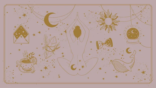 Знамя Бохо о женской магии, медитирующая женщина с волшебными символами, солнце, луна, волшебный шар на космическом фоне. Векторная богемная иллюстрация для ведьмы. — стоковый вектор