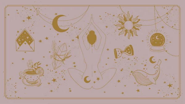 Banner boho sobre magia femenina, mujer meditando con símbolos mágicos, sol, luna, bola mágica sobre fondo espacial. Ilustración bohemia vectorial para una bruja. — Archivo Imágenes Vectoriales
