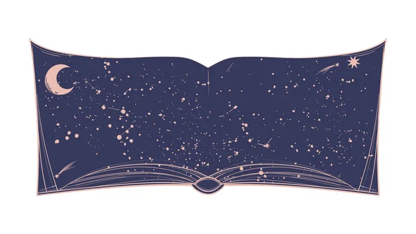 Libro abierto con estrellas y constelaciones sobre un fondo de cielo azul. Ilustración vectorial con lugar para texto para astrología, tarot, horóscopo. Fondo místico boho. — Archivo Imágenes Vectoriales