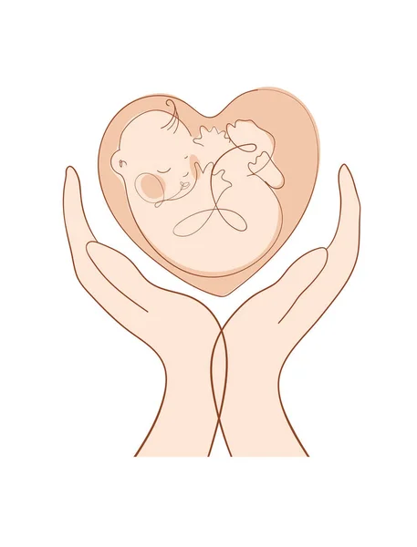 Dos manos sostienen a un bebé, el concepto de maternidad, protección de la infancia, amor por los niños, embarazo. Icono de pediatría, lindo logotipo del bebé recién nacido. Ilustración vectorial Artline aislada sobre fondo blanco. — Archivo Imágenes Vectoriales