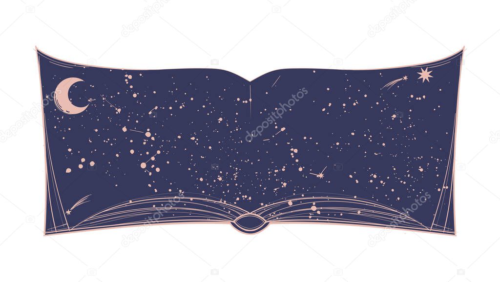 Open book with stars and constellations on a blue sky background. Vector illustration with place for text for astrology, tarot, horoscope. Mystical boho background.