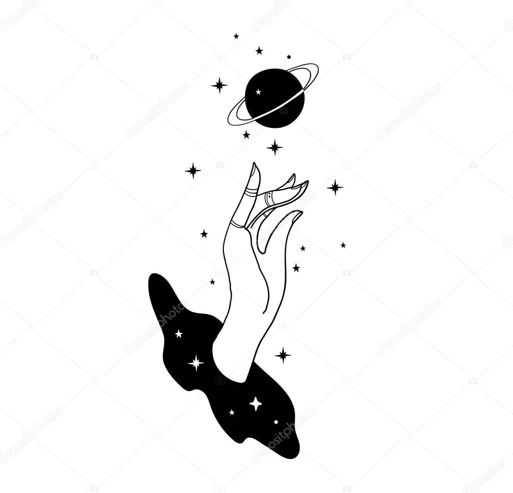 Mystical boho tattoo, female hand and the planet Saturn. Mystical art of astrology, tarot, witchcraft, magical illustration on a white background. Abstract linear space icon.