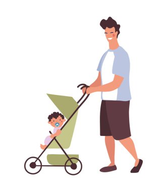 Babam bebekle bebek arabasında yürüyor. Babalık, ebeveynlik, bebek bakımı, aile hakkında düz çizgi film çizimi. Vektör izole edildi.