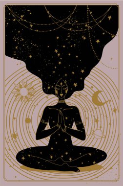Mistik bir kadın Lotus pozisyonunda oturur ve meditasyon yapar, yıldızlarla ve gezegenlerle dolu kozmik bir arka plan, ruhsal gelişim konsepti, bir kader arayışı. Vektör illüstrasyonu, poster.