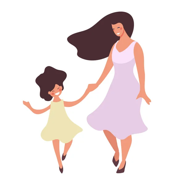 若い美しい母親は娘と一緒に歩く。笑顔とダンスのドレスを着た女性と女の子。白い背景に隔離された平らな漫画のベクトル文字. — ストックベクタ
