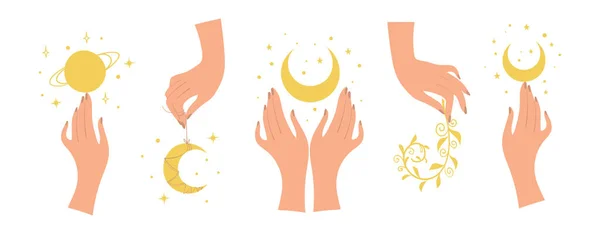 Kobieca ręka z księżycem i półksiężycem, zestaw magicznych żeńskich ikon dla czarownicy. Symbole Boho dla astrologii, tarota, przewidywania na przyszłość. Płaska ilustracja wektor izolowane na białym tle. — Wektor stockowy