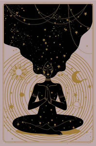Mistik bir kadın Lotus pozisyonunda oturur ve meditasyon yapar, yıldızlarla ve gezegenlerle dolu kozmik bir arka plan, ruhsal gelişim konsepti, bir kader arayışı. Vektör illüstrasyonu, poster. — Stok Vektör