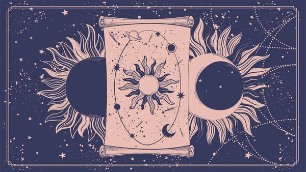 Συσκευή Σύμπαντος, boho banner με αρχαίο αστρονομικό πάπυρο, φεγγάρι και ήλιο. Μαγικό λάβαρο για ταρώ, αστρολογία, εσωτερική. Διανυσματική κάρτα, ταπετσαρία, μυθολογική απεικόνιση. — Διανυσματικό Αρχείο