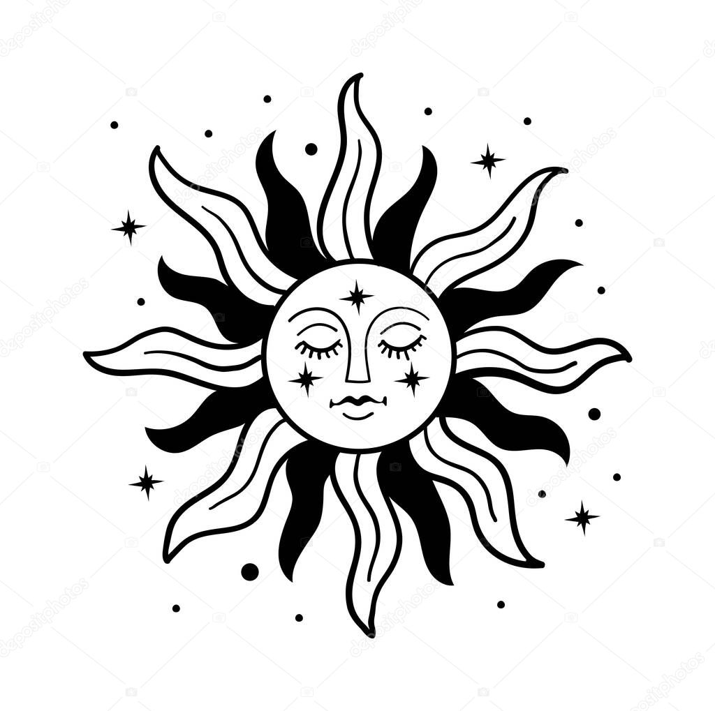 Vintage line drawing, sun with face and closed eyes, hand drawing for magical design. Mystical tattoo, mystical symbol. Linear vector drawing isolated on white background