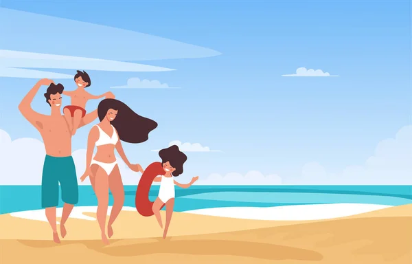 Vacaciones familiares en una playa tropical, los padres en trajes de baño son relajantes y caminar con los niños en la orilla del mar. Mamá y papá con una chica y un chico descansan en el verano. dibujos animados planos. Banner plano — Archivo Imágenes Vectoriales