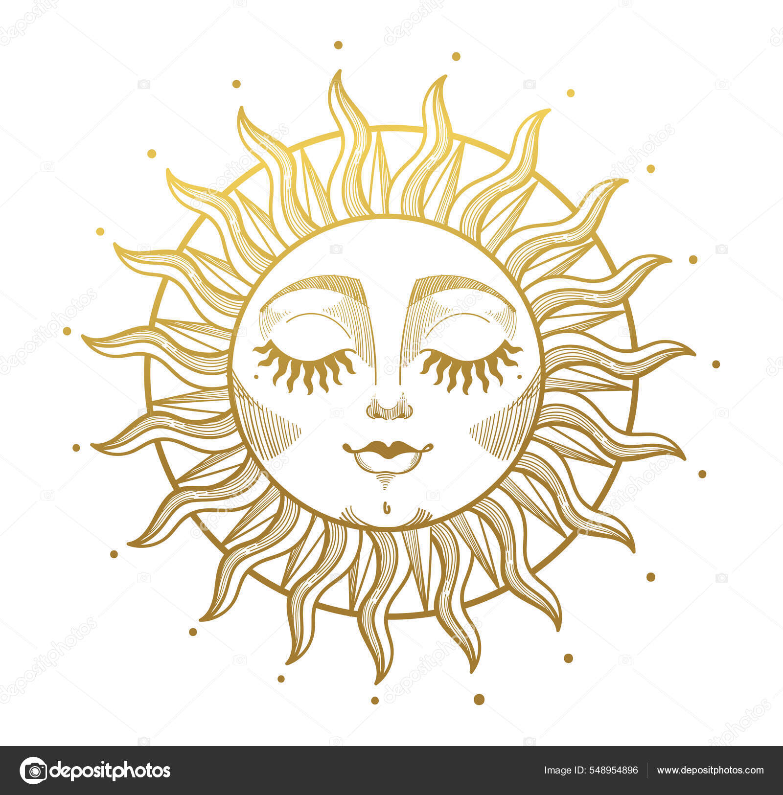 Золотое Мистическое Солнце С Лицом В Стиле Бохо. Элемент Дизайна.