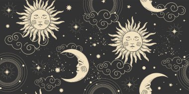 Karanlık gece gökyüzünde güneş ve ay yüzlü, bulutlar ve yıldızlar olan göksel, pürüzsüz desen. Tarot, astroloji, zodyak için vektör boho arka planı. Duvar kağıdı, ambalaj kağıdı