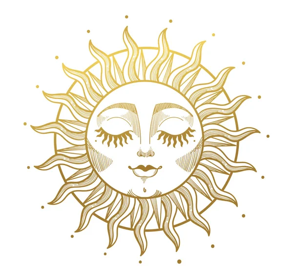 Sol místico dorado con rostro boho. Elemento para el diseño, tatuaje, pegatinas. Ilustración lineal vectorial aislada sobre fondo blanco. — Archivo Imágenes Vectoriales