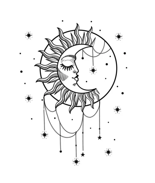 Luna creciente adornada con cara y ojos cerrados, estilización grabada. Ilustración boho para imprimir, carta del Tarot, símbolo astrológico del Tarot. Vector aislado. — Archivo Imágenes Vectoriales
