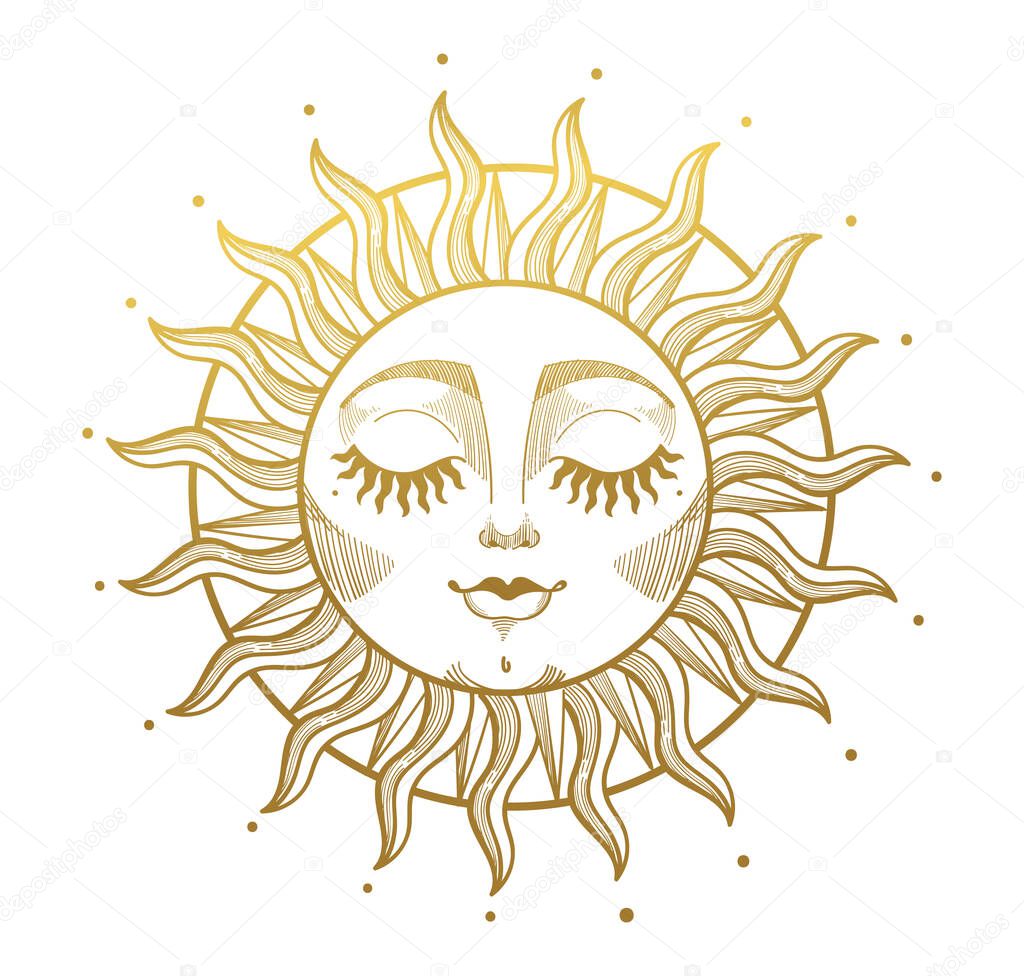 Golden mystical sun with a boho-style face. Element for design, tattoo, stickers. Linear vector illustration isolated on white background.