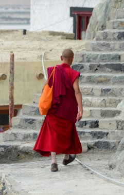 Ladakh, Hindistan 'daki Tibet manastırında genç bir keşiş..