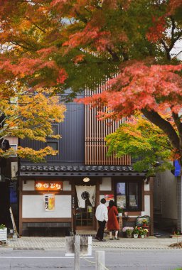 Karuizawa, Japonya - 7 Kasım 2019. Japonya, Karuizawa 'da sonbaharda sokak manzarası. Karuizawa, Nagano dağlarında sonbahar doğasıyla ünlü bir tatil beldesidir..