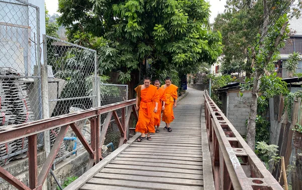 Luang Phrabang Laos Februari 2020 Biksu Berjalan Jalan Luang Phrabang Stok Gambar Bebas Royalti