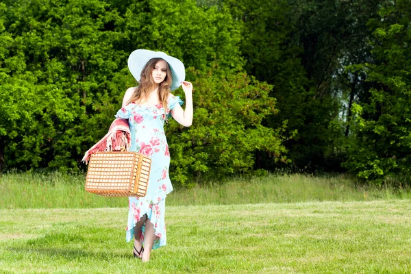 Piękna kobieta rozluźnia na piknik — Zdjęcie stockowe