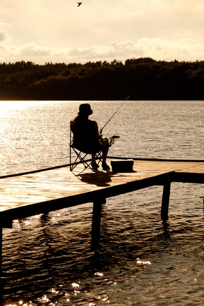 Pesci pescatori al tramonto con ponte — Foto Stock