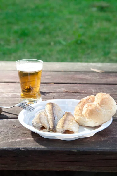 Pescado frito en un plato de plástico en el bosque — Foto de Stock