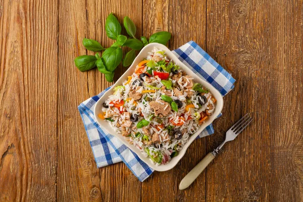 Italian Tuna Salad Rice Olives Capers Top View Natural Wooden — Stock Photo, Image