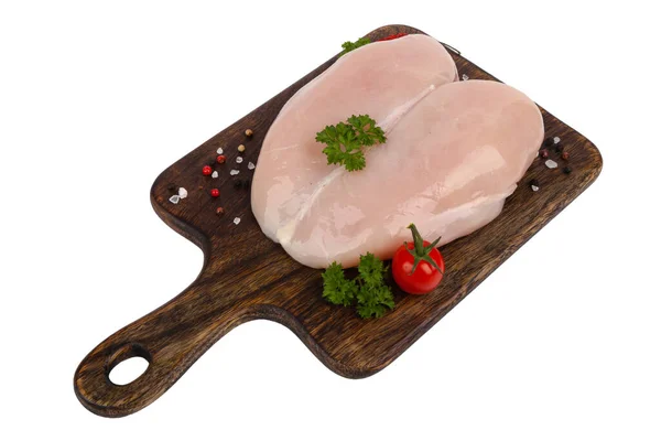 Packshot Raw Chicken Breast Wooden Board Decorated Parsley Spices — Stock Photo, Image
