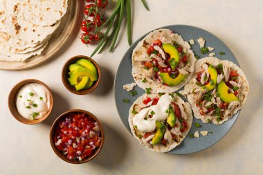 Domates salsa soslu mini tortilla, avokado ve haşlanmış tavuk. Üst görünüm. 