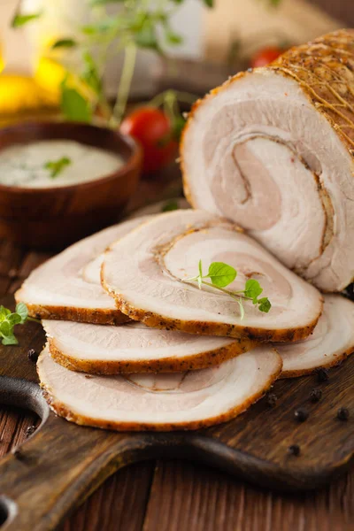 Whole Bacon Roulade Served Sliced Meat White Sauce Front View — Stock Photo, Image