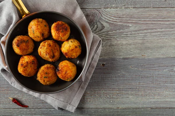 Lentil Millet Meatballs Served Tomato Salsa Buckwheat Gray Plate Wooden — Stock Photo, Image