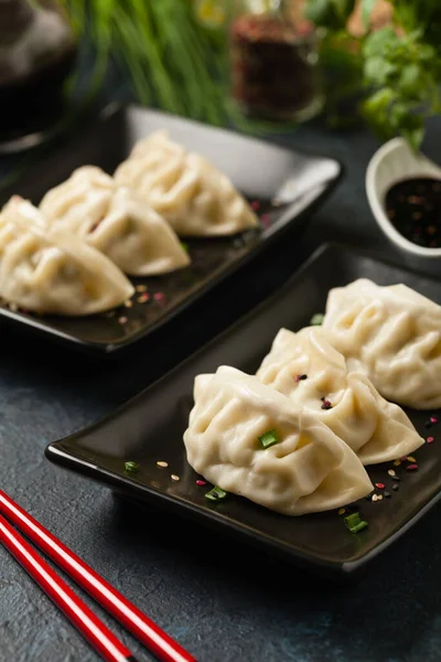 Boulettes Japonaises Originales Gyoza Avec Poulet Légumes Vue Face Arrière — Photo