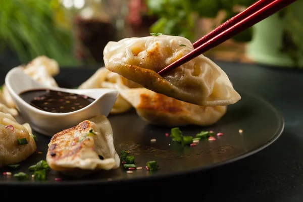 Boulettes Japonaises Originales Gyoza Avec Poulet Légumes Vue Face Arrière — Photo