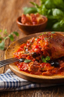 Geleneksel olarak domates soslu tavuk. Ön görünüm. 