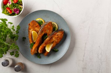 Parça parça sazan balığı, gri bir tabakta servis ediliyor. Parlak bir altyapısı var. Üst görünüm.