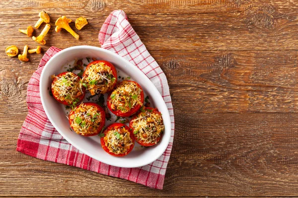 Baked Stuffed Tomatoes Stuffed Chanterelles Top View Dish — Stock Photo, Image