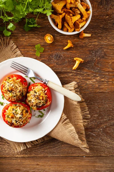 Baked Stuffed Tomatoes Stuffed Chanterelles Top View Dish — Stock Photo, Image