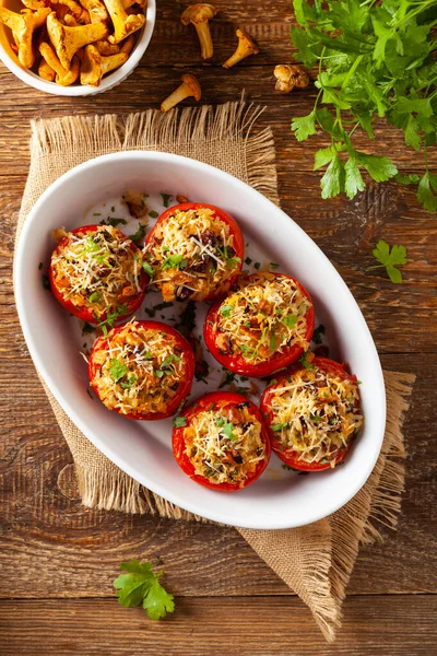 Baked Stuffed Tomatoes Stuffed Chanterelles Top View Dish — Stock Photo, Image