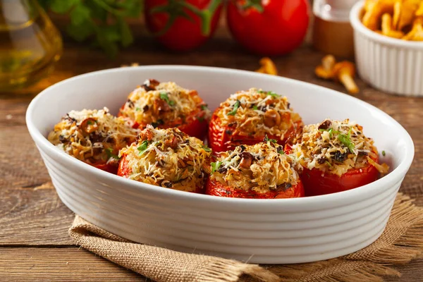 Baked Stuffed Tomatoes Stuffed Chanterelles Top View Dish — Stock Photo, Image